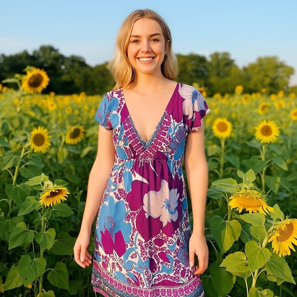 Hale Bob Floral 100% Silk Y2K Babydoll Summer Wedding Guest‎ Garden Dress Size M